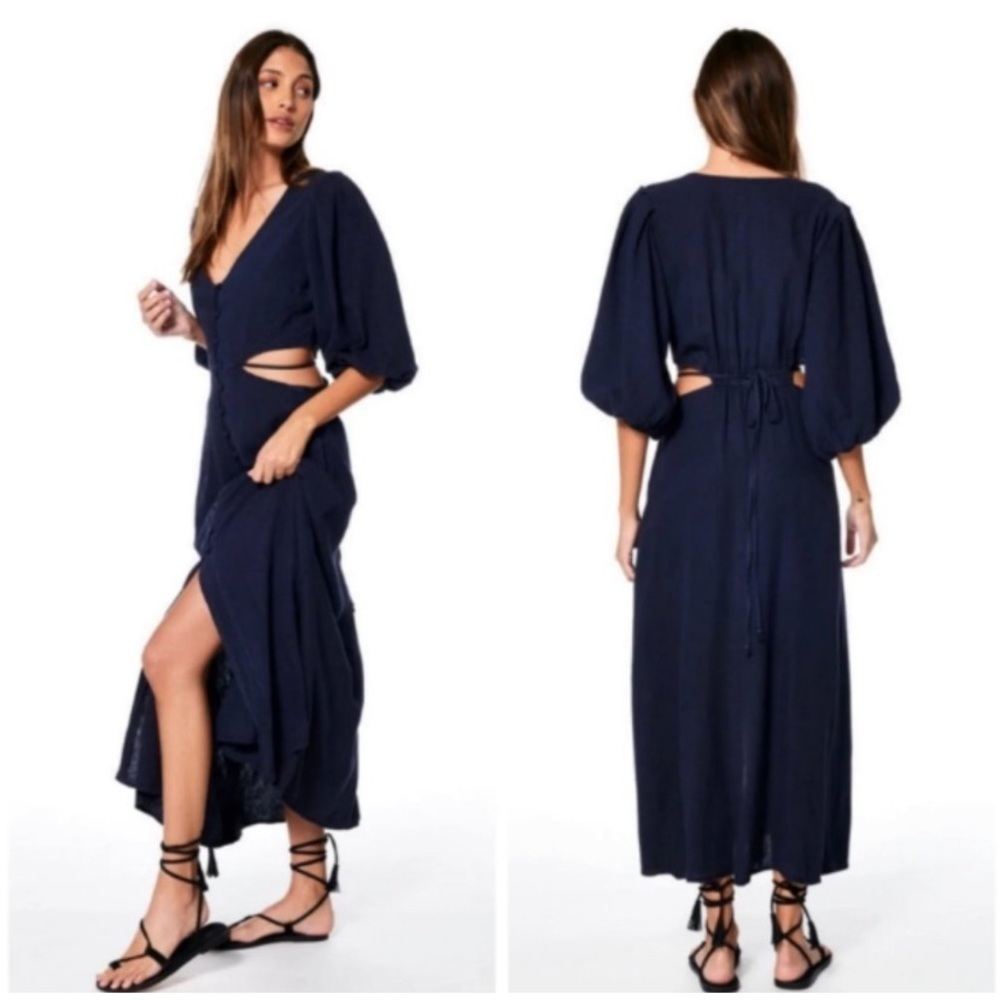 Young Fabulous & Broke New Bohemian Navy Blue Linen Blend High Tea Maxi Dress S